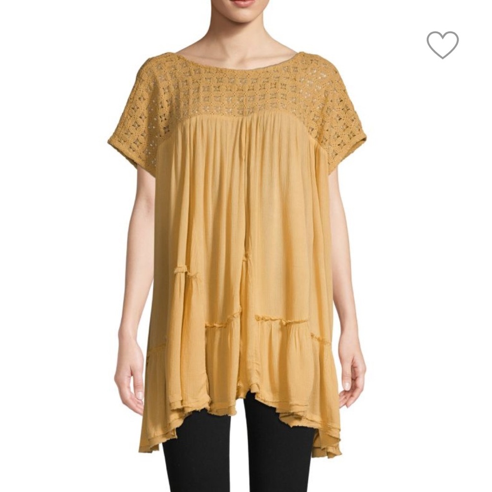 Free People Yellow Crochet Neckline Tiered Tunic, M